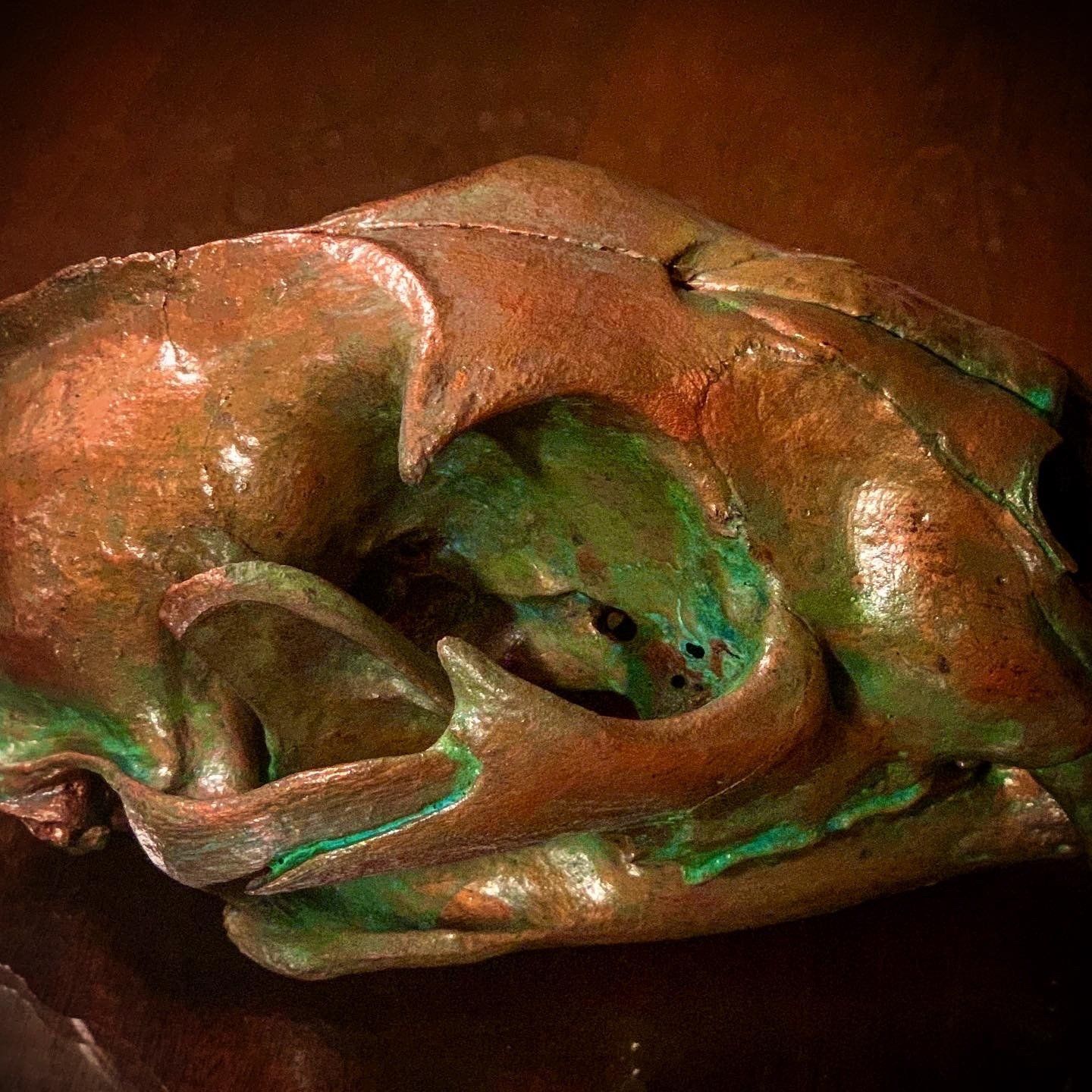 A close up of a skull with green paint on it on a table.
