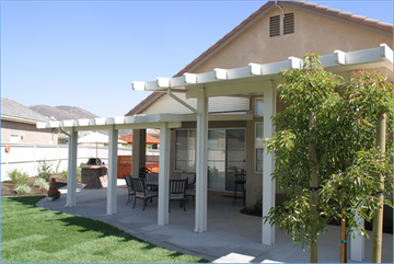 A house with a covered patio and a table and chairs