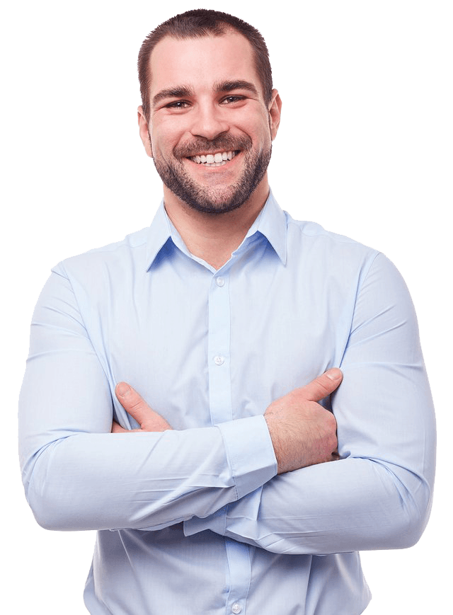 A man in a blue shirt with his arms crossed and smiling