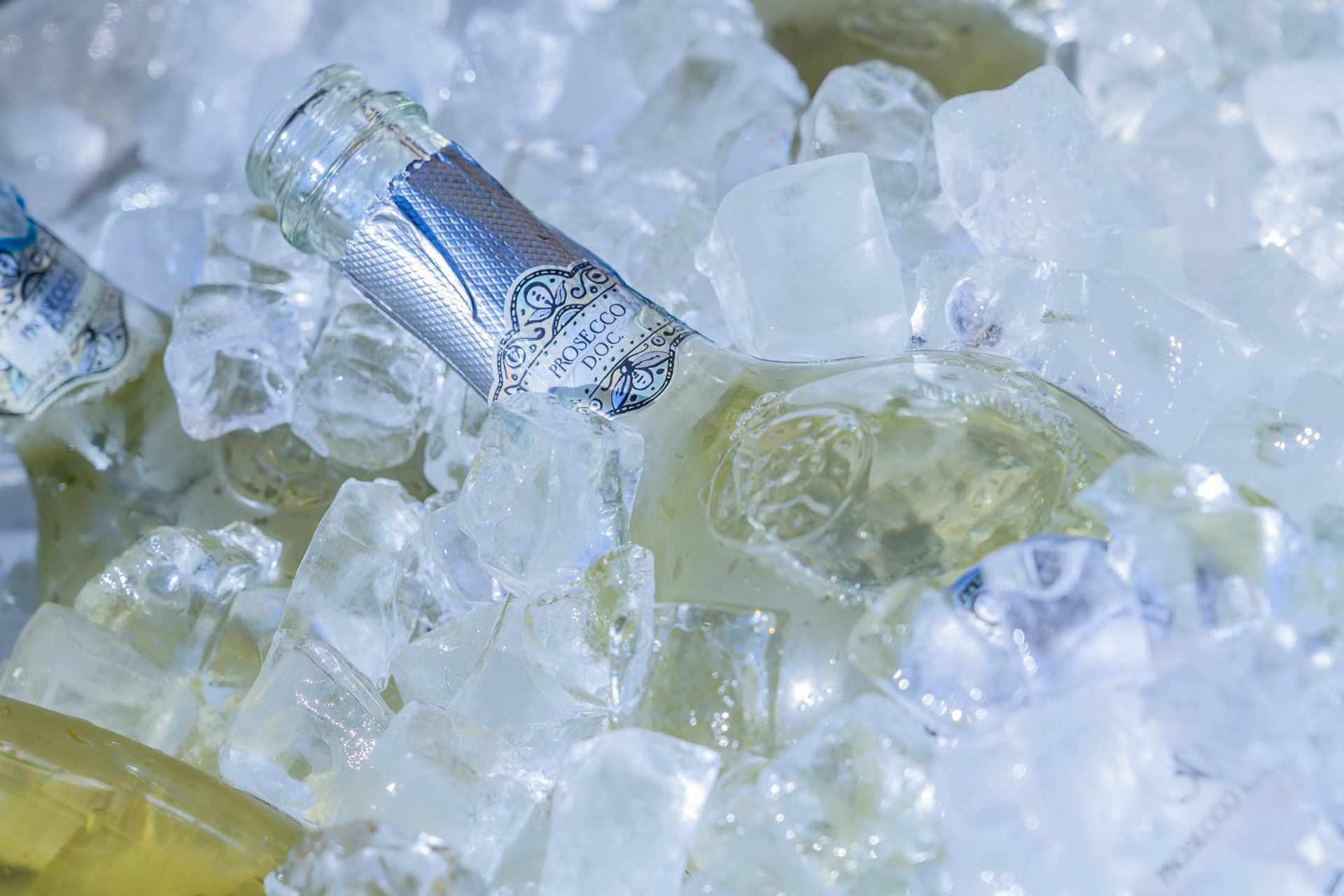Een fles wijn staat in een emmer met ijsblokjes.