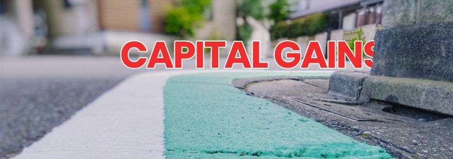 Red and white “CAPITAL GAINS” text over a teal-and-white painted curb/sidewalk scene