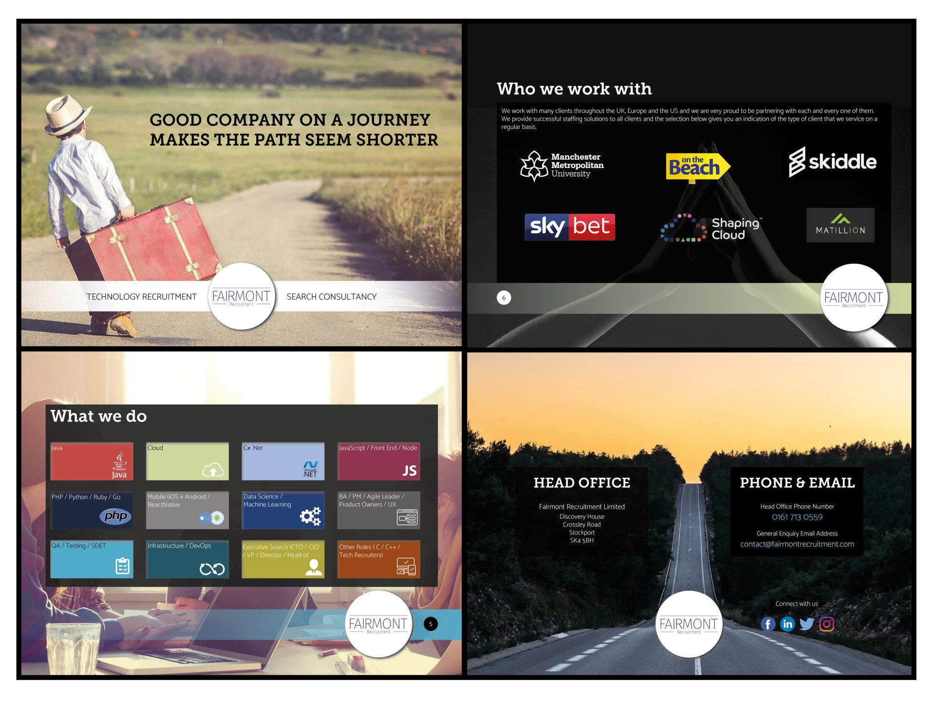 Four-panel website mockup with nature photos and dark-themed sections for content, logos, and services