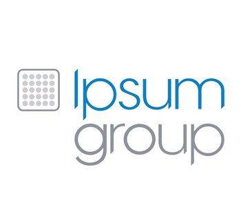 Ipsum Group logo with blue and gray text and a gray dotted square icon
