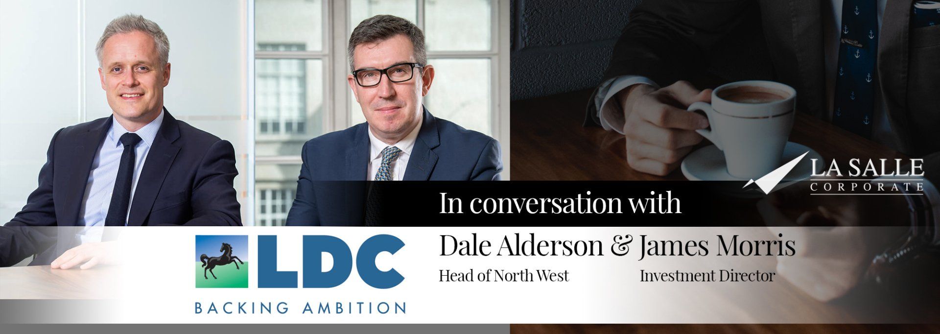 Poster for a conversation with LDC Finance: two suited speakers and event text on a blue-gray banner