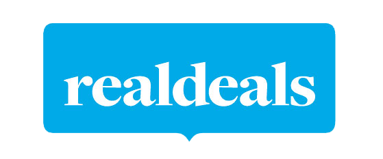 RealDeals logo in white text on a blue speech-bubble shape