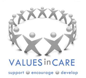 Values in Care logo with gray figures in a circle and blue tagline “support encourage develop”