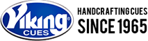 Viking Cues logo with blue oval emblem and black text “HANDCRAFTING CUES SINCE 1965”