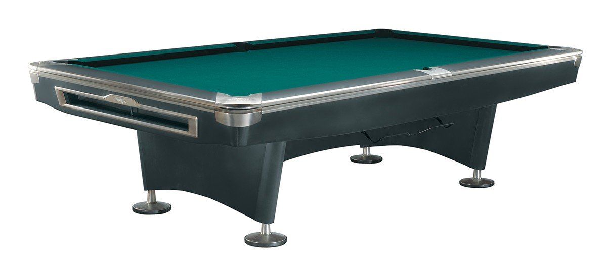 Black pool table with green felt and chrome legs on a white background