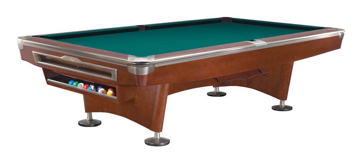 Brown pool table with green felt and chrome legs, shown at a slight angle on a white background