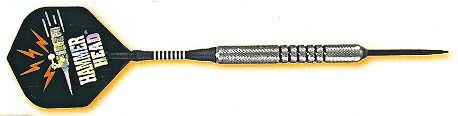 Black-and-gold dart with a pointed tip and patterned grip on a white background