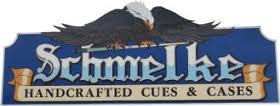 Schmelke handcrafted cue cases logo on blue banner with eagle emblem and wood-toned accents
