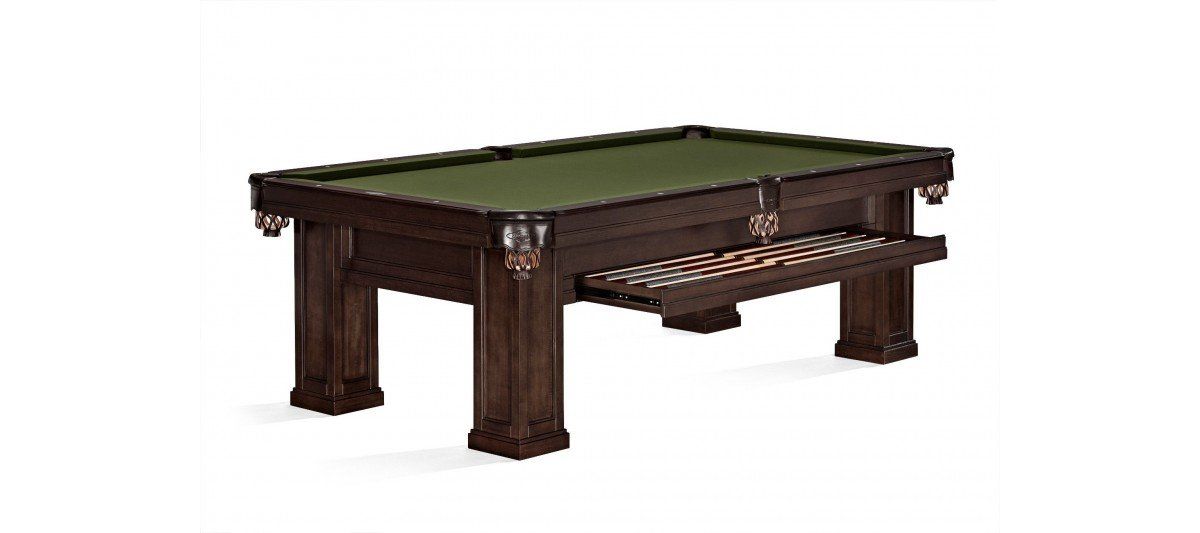 Dark wooden pool table with green felt and rack on a white background