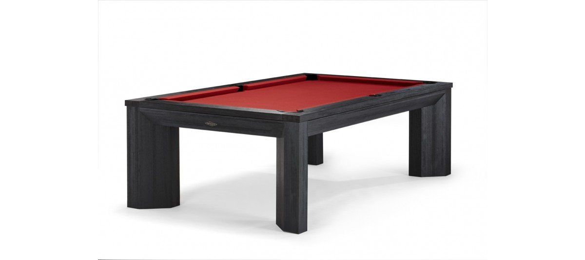 Black pool table with red felt top