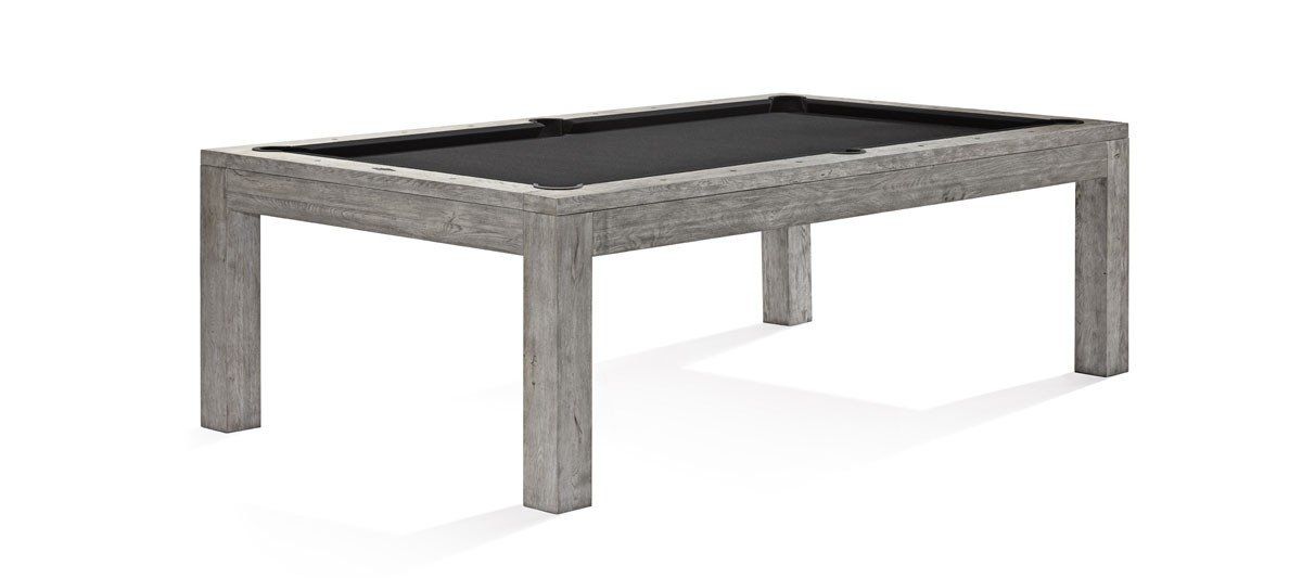 Gray rectangular wooden dining table with four legs on a white background