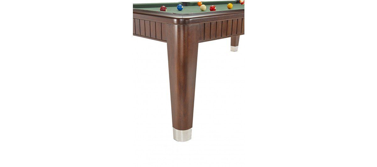 Wooden pool table with green felt and colorful balls, isolated on white background
