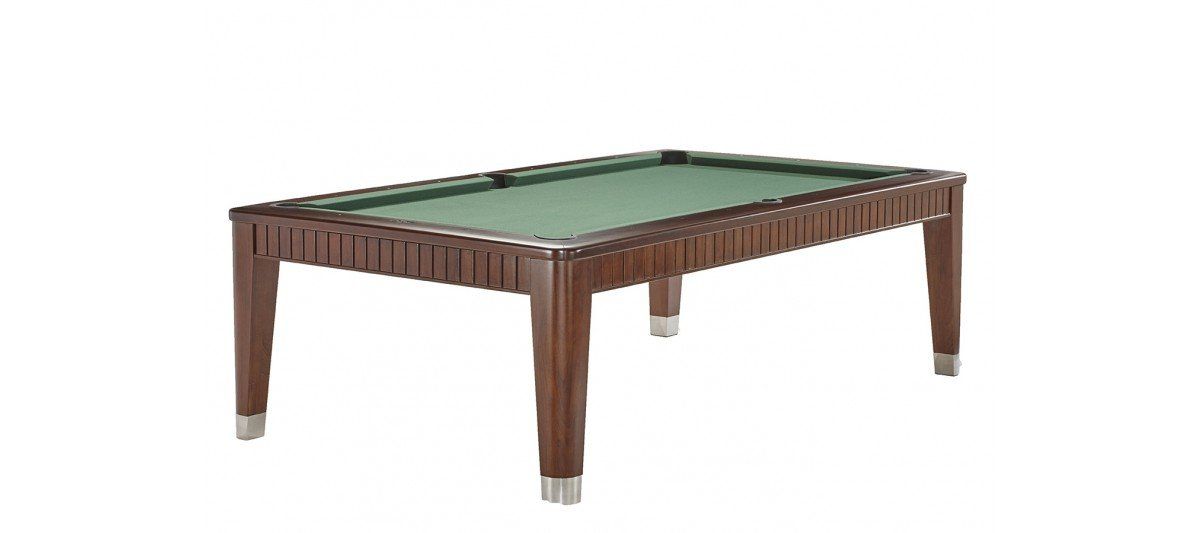 Brown wooden pool table with green felt top on a white background