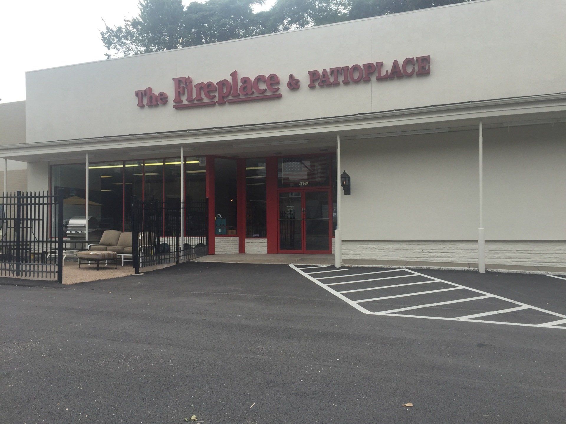 A white building with the word fireplace on it