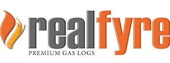 The logo for realfyre premium gas logs has a flame on it.
