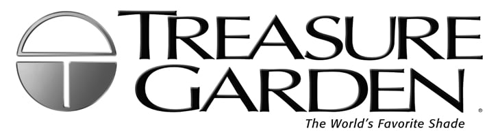 A black and white logo for treasure garden , the world 's favorite shade.