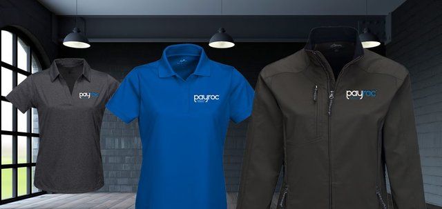 a blue polo shirt and a brown jacket are on display in a room .