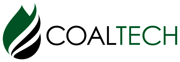 A logo for coaltech with a green leaf and a black flame.