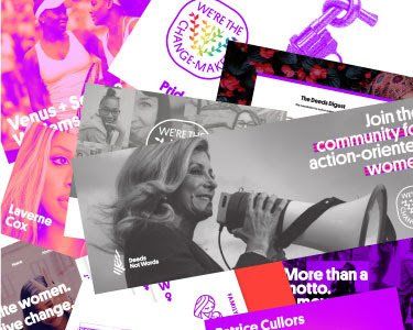 A woman is holding a megaphone in a collage of posters