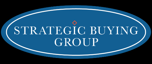 A blue strategic buying group logo on a black background