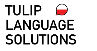 a logo for tulip language solutions with a red and white speech bubble .