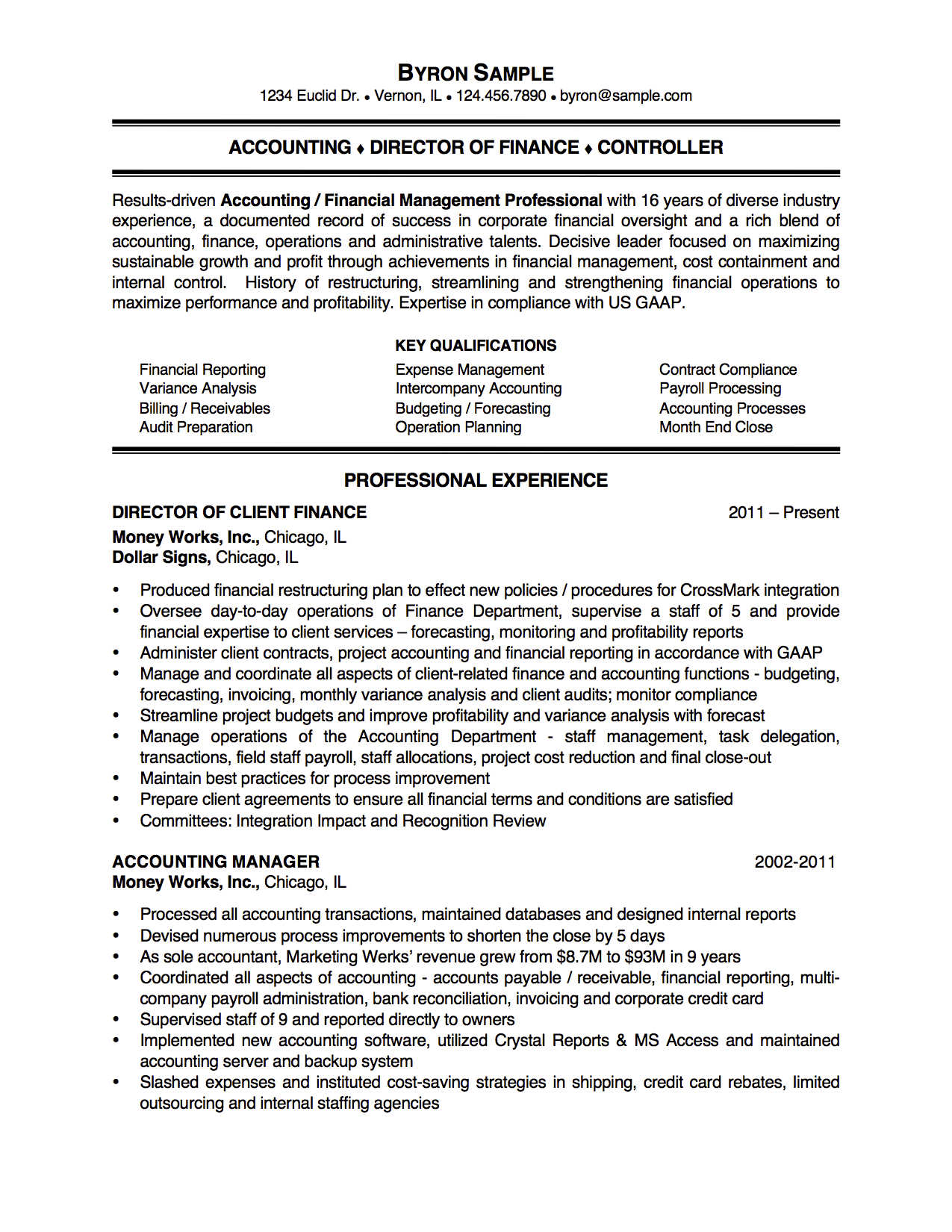 A resume for a director of finance is shown on a white background.