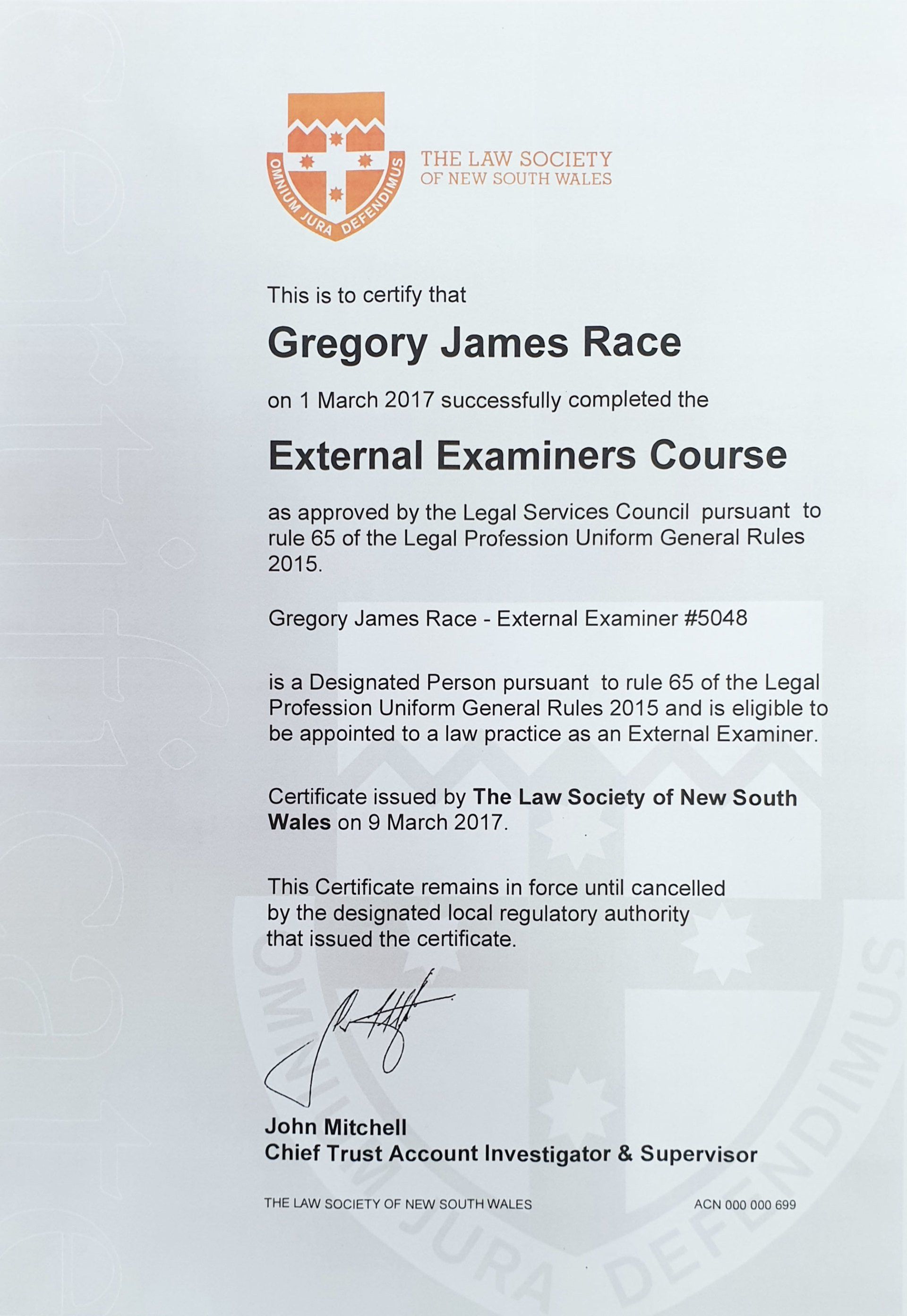 External Examiners Course Completion