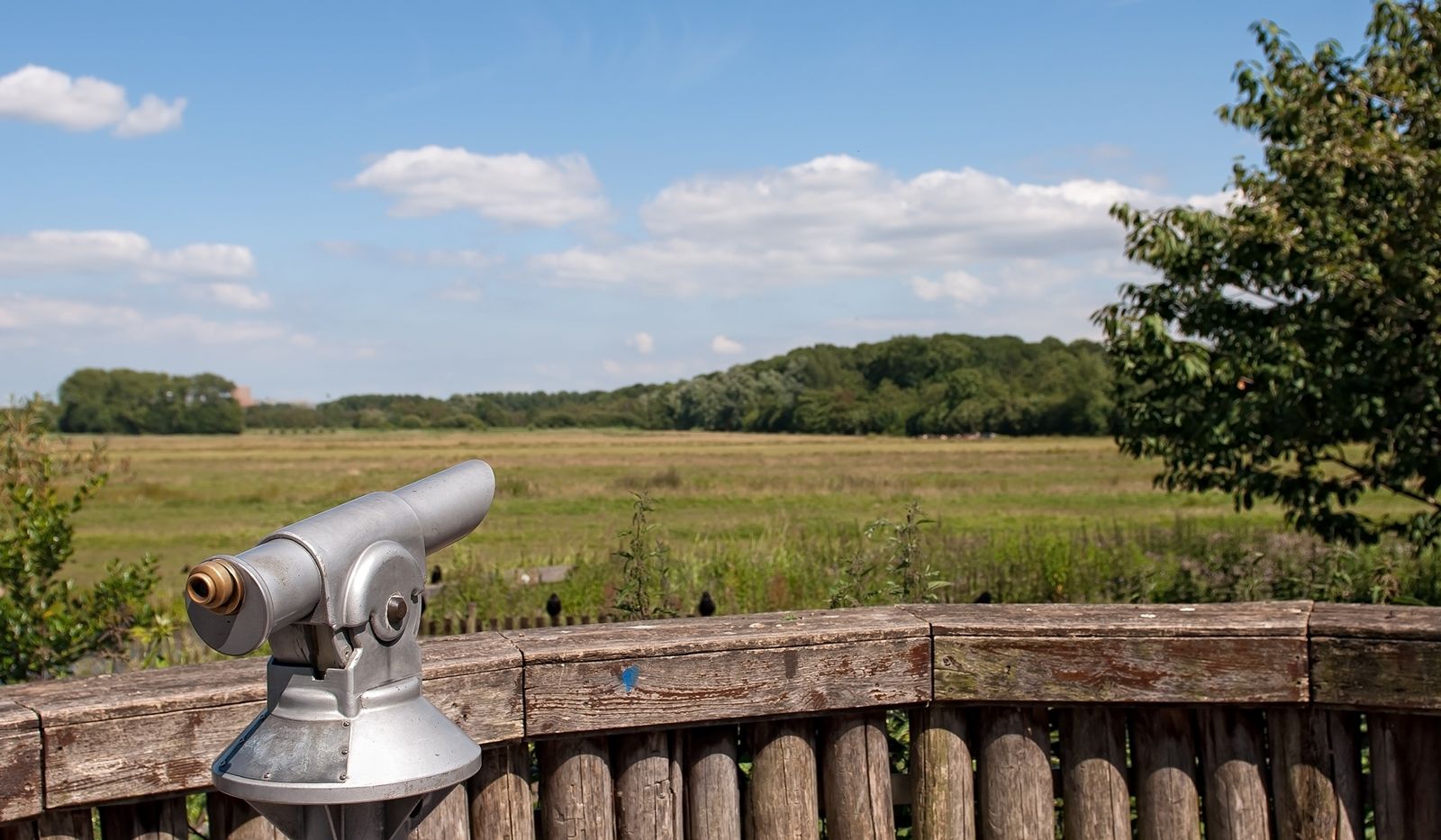 Een telescoop op een houten terras biedt uitzicht op een grasveld en bomen in de verte onder een blauwe hemel.