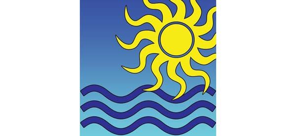 a yellow sun is shining over a body of water .