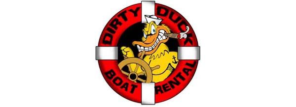 a dirty duck boat rental logo with a cartoon duck holding a steering wheel