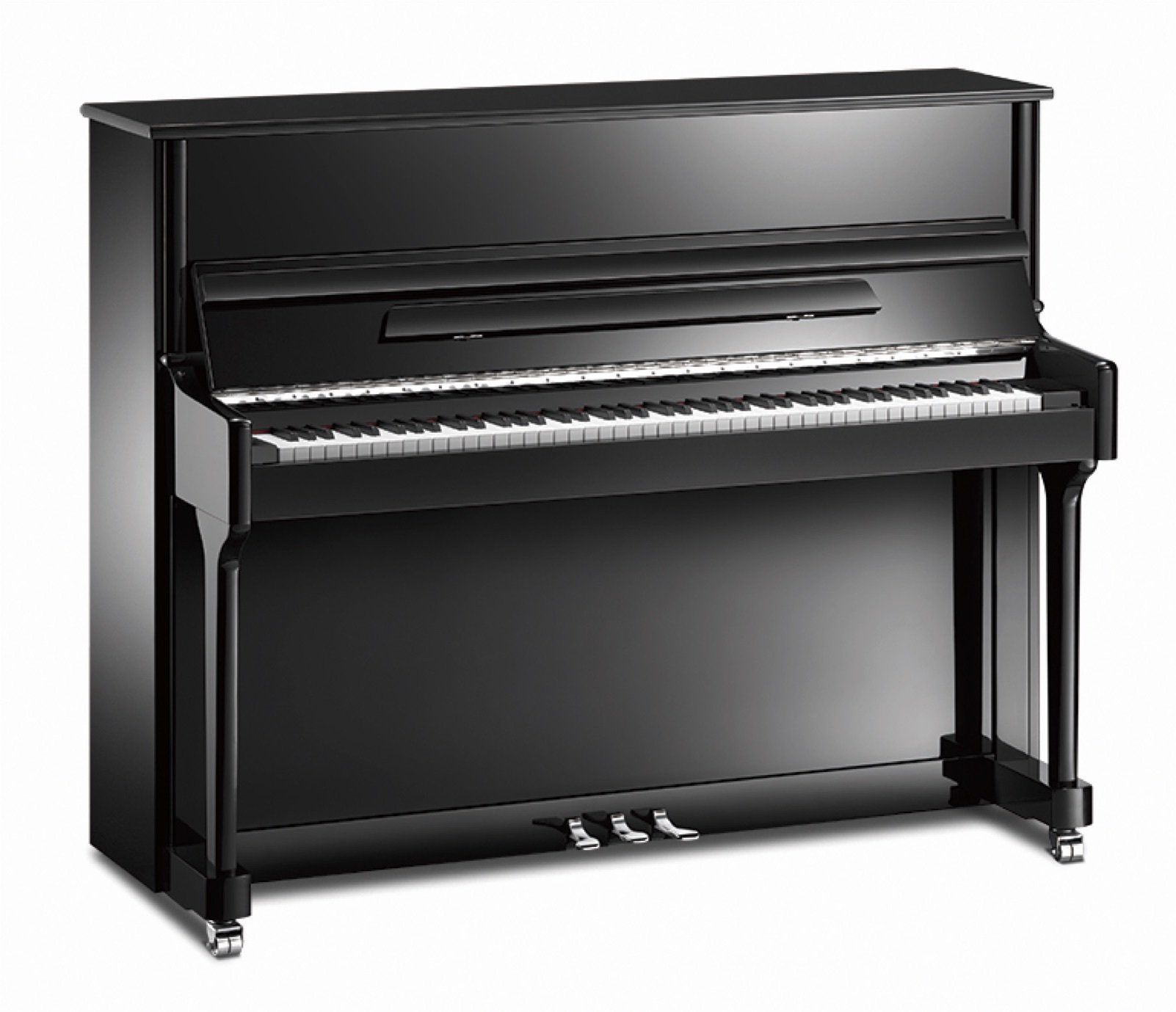 Ein schwarzes Klavier steht auf einer weißen Fläche.