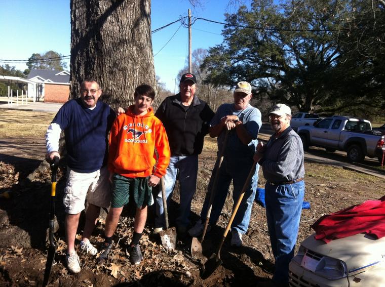 Ditch Diggers: L-R - Jerry Richard, Ashton Richard, Charles Hardy, Erwin Thibodeaux, and Charles Taylor. Work is progressing on the Memorial Prayer Garden at St. John Francis Regis Church.