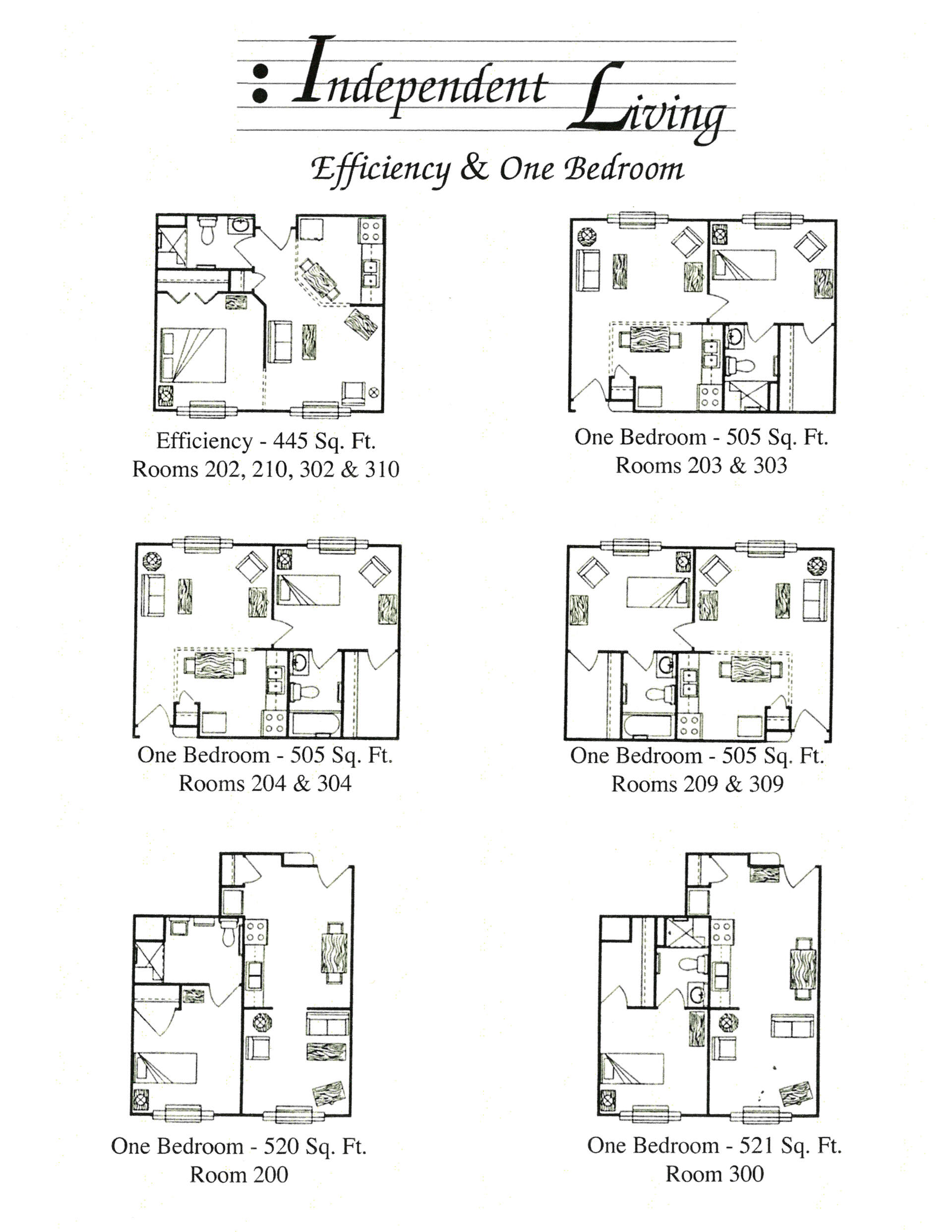 A black and white floor plan of an independent living apartment.