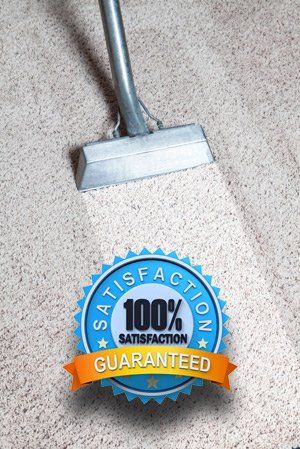A vacuum cleaner is cleaning a carpet with a 100 % satisfaction guaranteed seal.