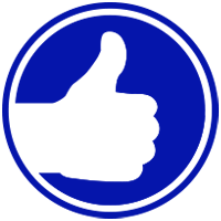 White thumbs-up hand symbol in a blue circle.