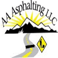 AA Asphalting LLC logo: mountains with sunburst, asphalt road, worker sign.