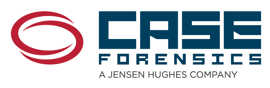 Logo for Case Forensics, a Jensen Hughes company: red oval logo with a blue, blocky font.