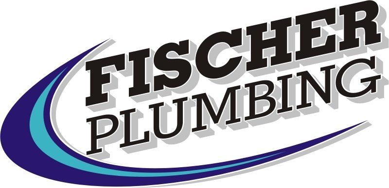 Fischer Plumbing logo with dark gray text on a blue arc.