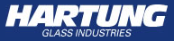 The Hartung Glass Industries logo in white text on a blue background.
