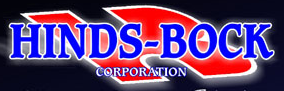 Logo for Hinds-Bock Corporation. Blue text with white outline over a red graphic.