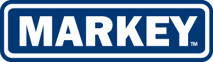 Logo for Markey, a company, in white text on a blue rounded rectangular background.