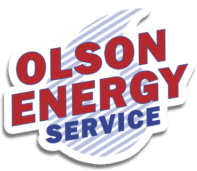 Logo for Olson Energy Service; red text on blue striped background.