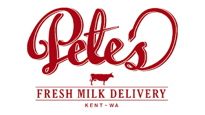 Pete's Fresh Milk Delivery logo: red script text and cow icon, 