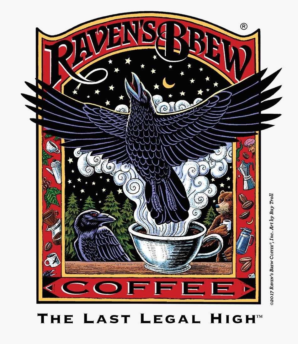 Raven's Brew Coffee logo: A raven with spread wings rises from a coffee cup. Dark colors; night sky, trees, text.