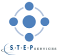 Logo of STEP Services. Blue circles form a central design, with company name below.