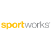 Logo for Sportworks: yellow wordmark on a white background.