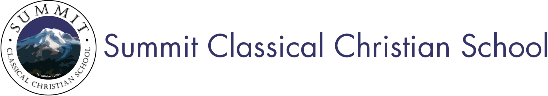 Logo for Summit Classical Christian School, featuring a mountain scene within a circular design.
